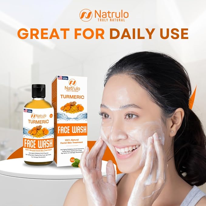 Natrulo Turmeric Face Wash, 4oz Clear Skin Liquid Soap – 100% Natural Anti Aging Exfoliating Turmeric Facial Cleanser for Fading Spots, Clearing Acne Scars, Age Spots, Sun Damage, Discoloration-GlimoraGlow