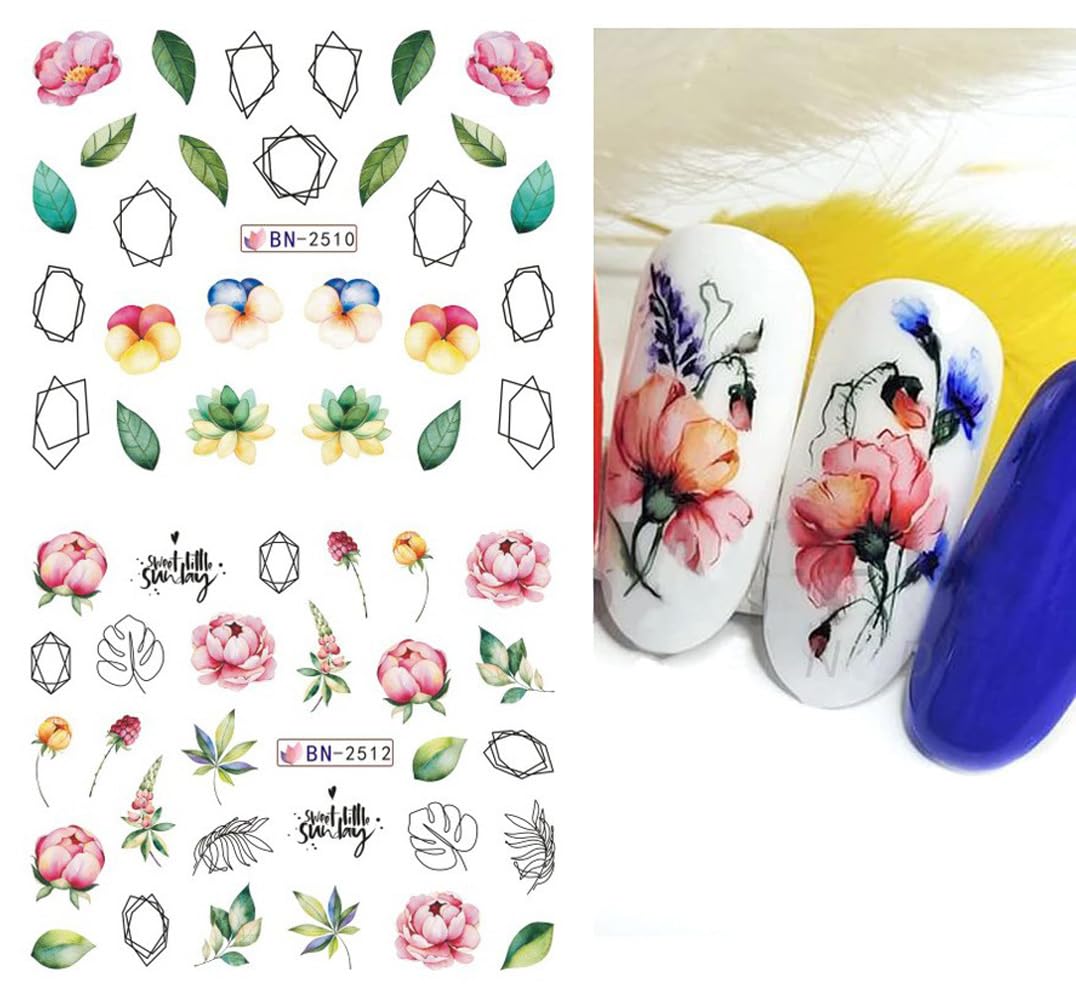 12 Sheets Flower Nail Water Transfer Decals, Nail Art Stickers for Women, Holographic Colorful Flower Leaf Patterns Nail Designs Supplies, Acrylic Nails Decorations DIY Resin Nail Decal Tattoos Set-GlimoraGlow