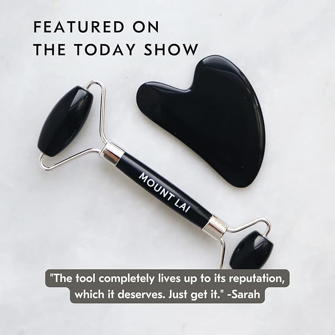 Mount Lai Obsidian Gua Sha Facial Tools, Black Obsidian Gua Sha Facial Tools Set and Roller, Guasha Tool for Face to Relieve Muscle Tension and Reduce Puffiness, Anti Aging Skin Care Sets for Women-GlimoraGlow
