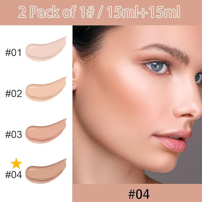 2 Pack Liquid Foundation Cream with Foundation Brush for Face Makeup,Durable Full Coverage Matte Concealer Make Up,Oil Control & Waterproof Base Primer -1 Fl.Oz (#04)-GlimoraGlow