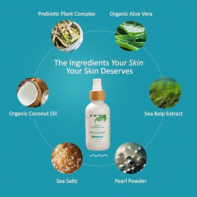 Akasha Prebiotic Skin Mist 3.4oz I Organic Facial Mist, Sea Kelp Extract, Face Spray for Naturally Restoring the Skins Microbiome, Dewy, Help Acne, Psoriasis & Sunburn*, Anti Aging Skin Care Products-GlimoraGlow