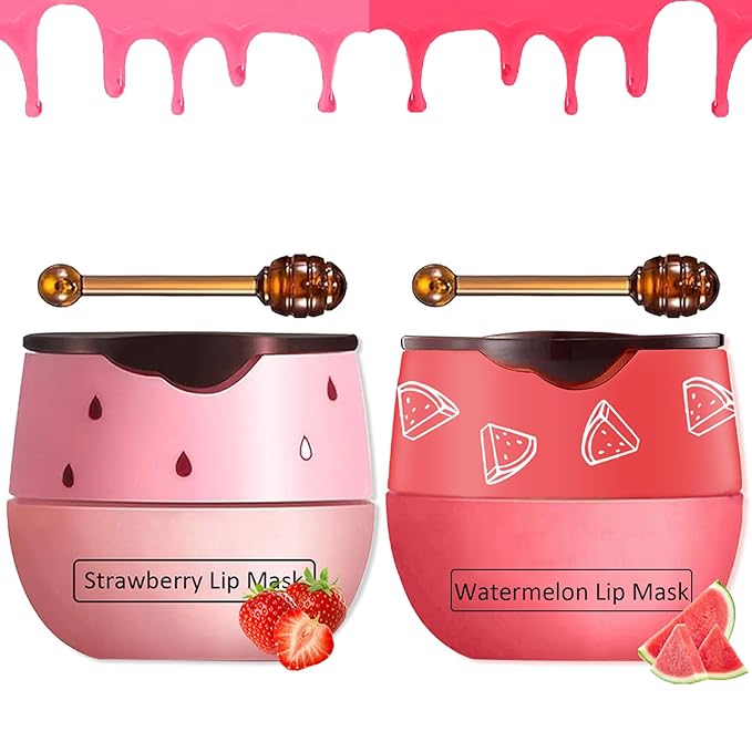 2 PCS Bee Lip Balm Honey Pot,Watermelon&Strawberry Lip Sleeping Mask Hydrating Prevention Dry and Cracked Lip Scrubs Exfoliator Lip Care,Lip Mask Overnight Reduces Lip Lines-GlimoraGlow