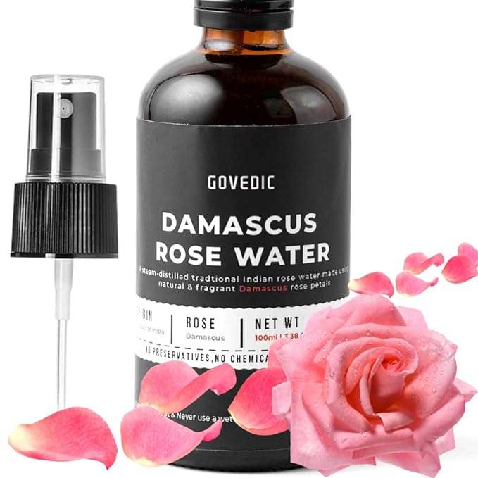 Govedic Rose Water Spray for Face Made with Damask Rose Petals, All-Natural Formula, No Dyes or Alcohol, Suitable for All Skin & Hair Types 100ml 3.38 Oz-GlimoraGlow