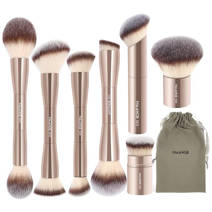 MAANGE 7pcs Makeup Brush Set Double Sided Kabuki Makeup Brushes Contour Brush for Foundation Liquid Powder Concealer Cream Cosmetics Bronzer Blending Blush Buffing Makeup Tools (Gold)-GlimoraGlow