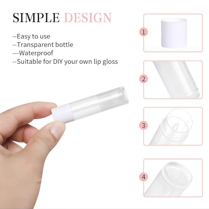100 Sets Empty Lip Balm Tubes Bulk Round with White Caps for DIY Lipstick homemade, 3/16 Oz (5.5 ml), Clear, BPA Free, 100 Tubes and 100 Caps-GlimoraGlow