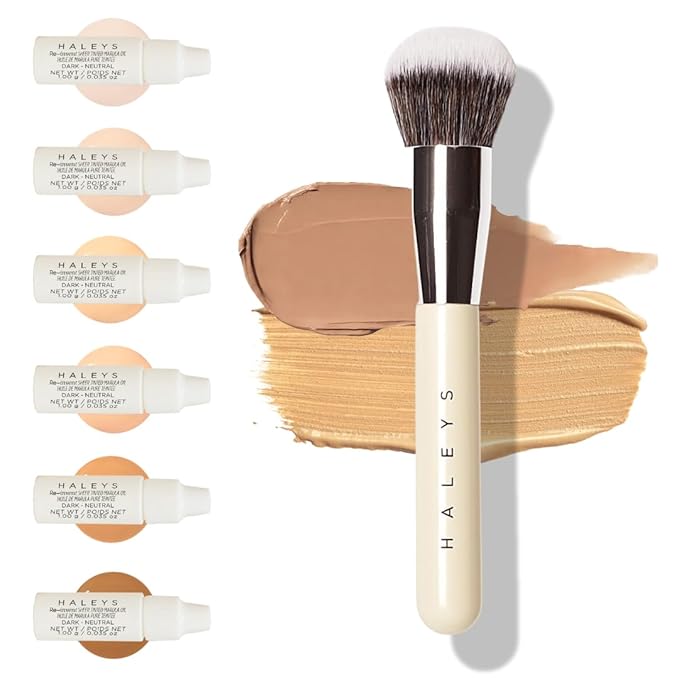 HALEYS Kabuki Makeup Brush + GWP Skin Tint Mini, VEGAN+CRUELTY-FREE, Sustainable Wood, Vegan Bristles for Airbrushed Finish, For Creams, Liquids, Powder, Streak-free, Perfect Blending, Buffs, Blurs-GlimoraGlow