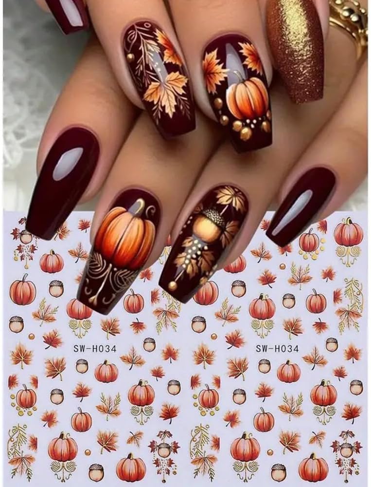 2 Sheets Fall Nail Stickers Autumn Maple Leaf Nail Art Stickers 3D Self Adhesive Maple Leaves Nails Decals for Nails Art Thanksgiving Day Nail Decoration Pumpkin Cute Manicure Supplies for Women-GlimoraGlow