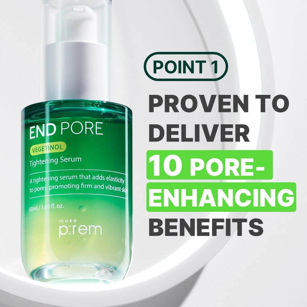 MAKE P:REM End Pore Vegetinol Tightening Serum, Pore Tightening Bakuchiol Serum with Vegan Collagen and Vitamin B Complex for Sensitive Skin, Korean Skin Care, 1.69 Fl. Oz, 50ml-GlimoraGlow
