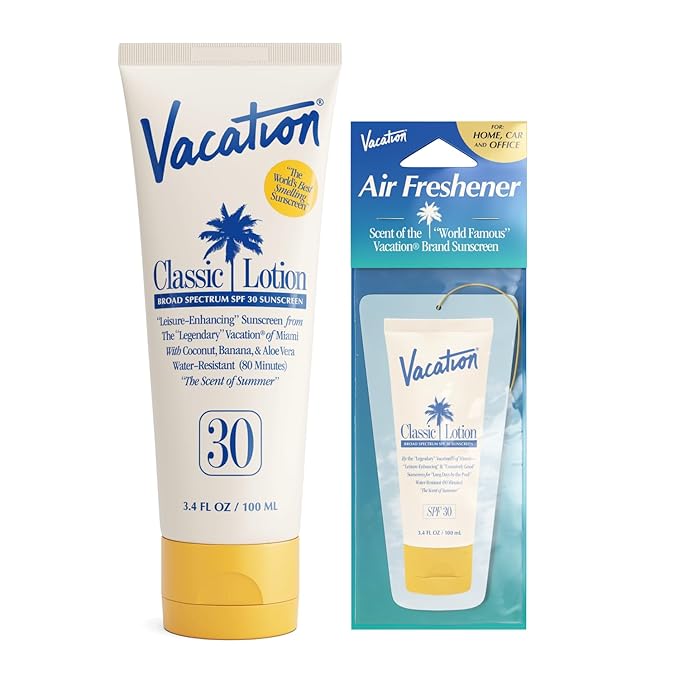 Vacation Classic Sunscreen Lotion SPF 30 & Air Freshener Bundle, Water-Resistant, Lightweight, Transparent on All Skin Tones, Dermatologist-Tested, Vegan, Travel Size, 3.4 Fl. Oz.-GlimoraGlow