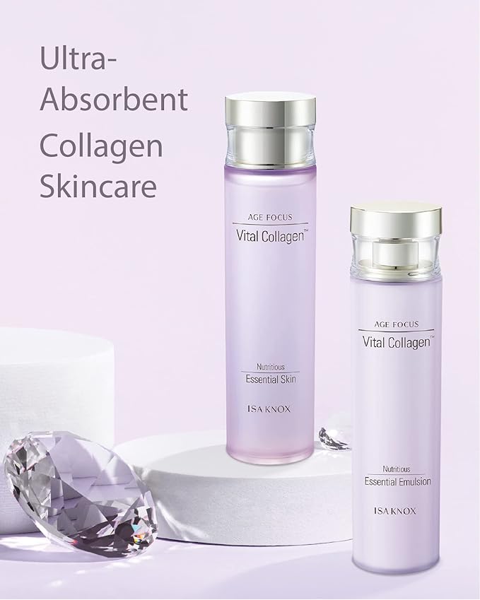 ISA KNOX AGE FOCUS VITAL COLLAGEN SKINCARE GIFT SET - Korean Luxury Premium High-end Skin Toner, Emulsion Lotion, Cream, Hydrolyzed Collagen, Vitamin B12, E, C, (370ml / 12.51 Fl Oz)-GlimoraGlow