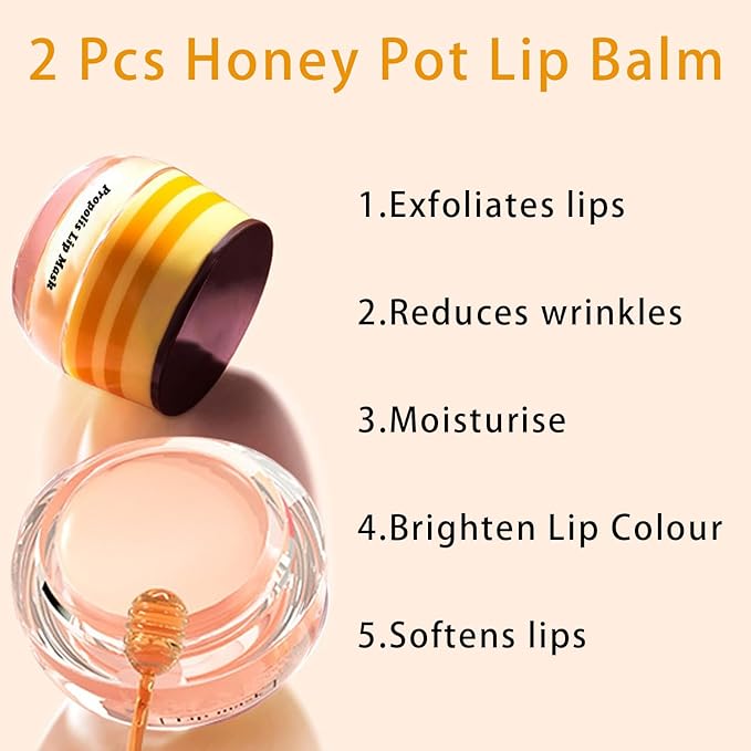 2 PCS Bee Lip Balm Honey Pot, Honey & Strawberry Lip Mask Overnight Propolis Moisturizing Lip Balm Hydrating Prevention Dry and Crack Lip Scrubs Exfoliator Lip Wrinkle Care (Honey&Strawberry)-GlimoraGlow