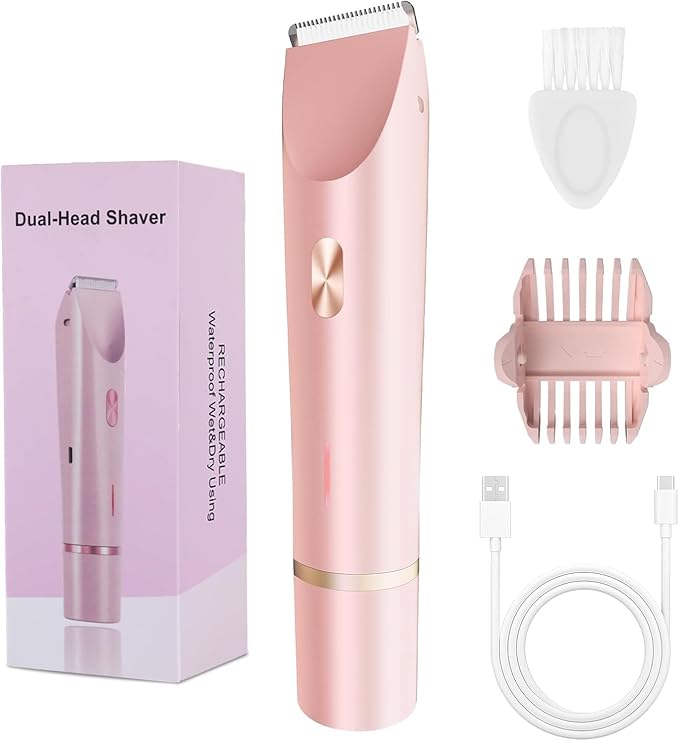 2-in-1 Bikini Trimmer for Women, Bikini Shaver with Dual Heads, Painless Body and Facial Hair Removal, Rechargeable Cordless Electric Razors for Face Chin Pubic Underarm Legs, IPX7 Waterproof, Pink-GlimoraGlow