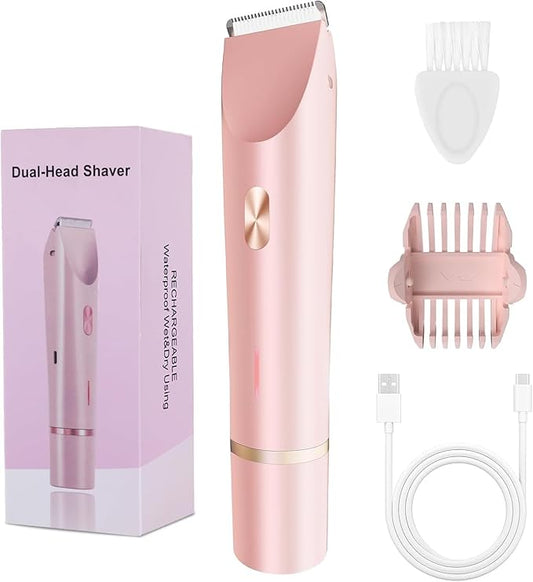 2-in-1 Bikini Trimmer for Women, Bikini Shaver with Dual Heads, Painless Body and Facial Hair Removal, Rechargeable Cordless Electric Razors for Face Chin Pubic Underarm Legs, IPX7 Waterproof, Pink-GlimoraGlow