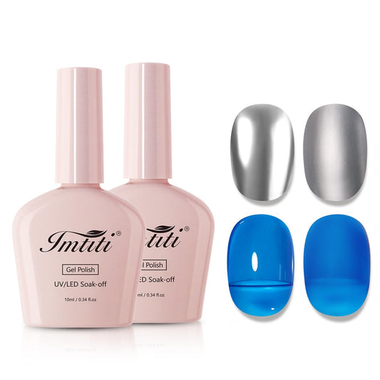 Imtiti Metallic Gel Nail Polish Set, 2 Pcs 10ml Chrome Mirror Shine GEl POlish & Sky Blue Jelly GEL Soak Off UV LED Spring Summer Art Manicure Salon DIY Design Kit-GlimoraGlow