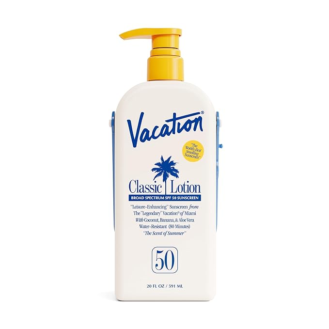 Vacation Classic Lotion SPF 50 Sun Jug, Broad Spectrum Bulk Sunscreen SPF 50, Water Resistant Sunblock, Suntan Lotion with Pump, Vegan, Family-Size, 20 Fl. Oz.-GlimoraGlow