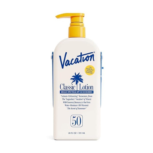 Vacation Classic Lotion SPF 50 Sun Jug, Broad Spectrum Bulk Sunscreen SPF 50, Water Resistant Sunblock, Suntan Lotion with Pump, Vegan, Family-Size, 20 Fl. Oz.-GlimoraGlow