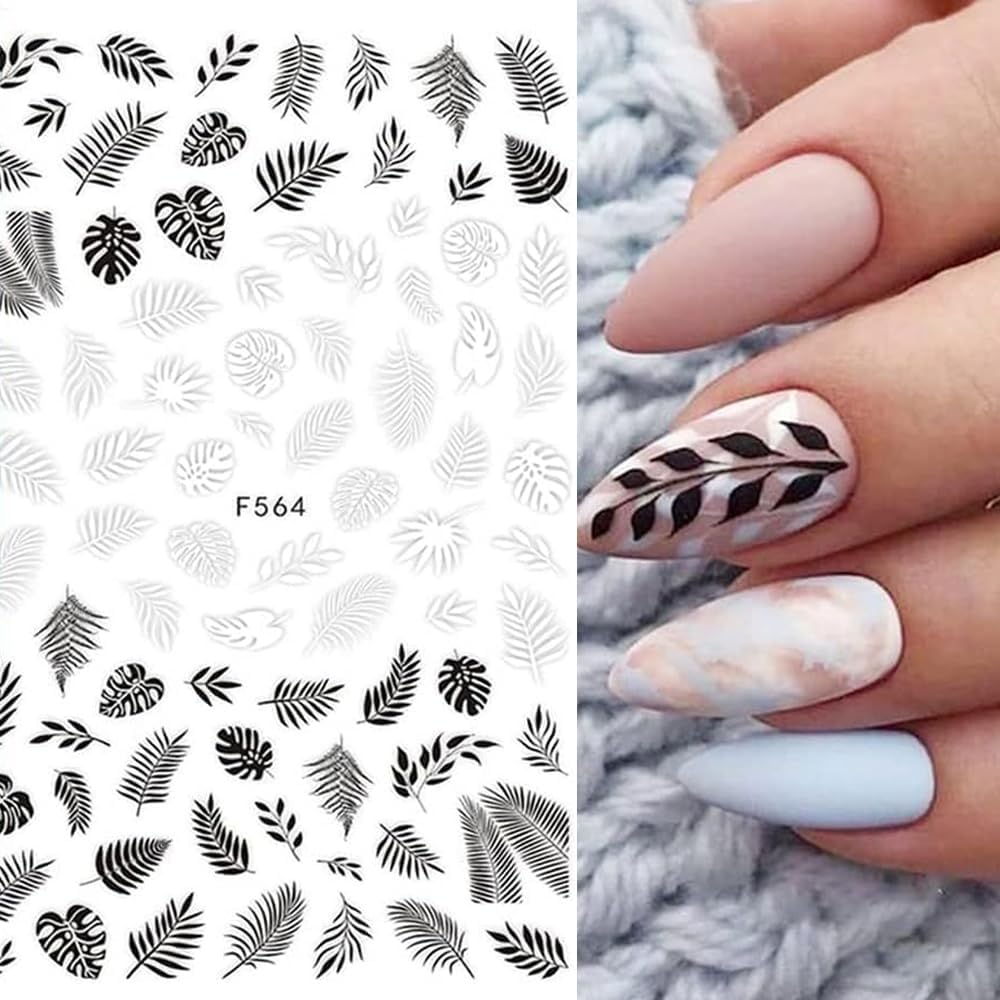 10 Sheets Black White Leaves Flower Nail Art Stickers 3D Self-Adhesive Retro Floral Vine Pattern Nail Decals Tropical Plants Mandala Leaf Geometry Transfer Decals Nail Art Decorations for Women Girls-GlimoraGlow