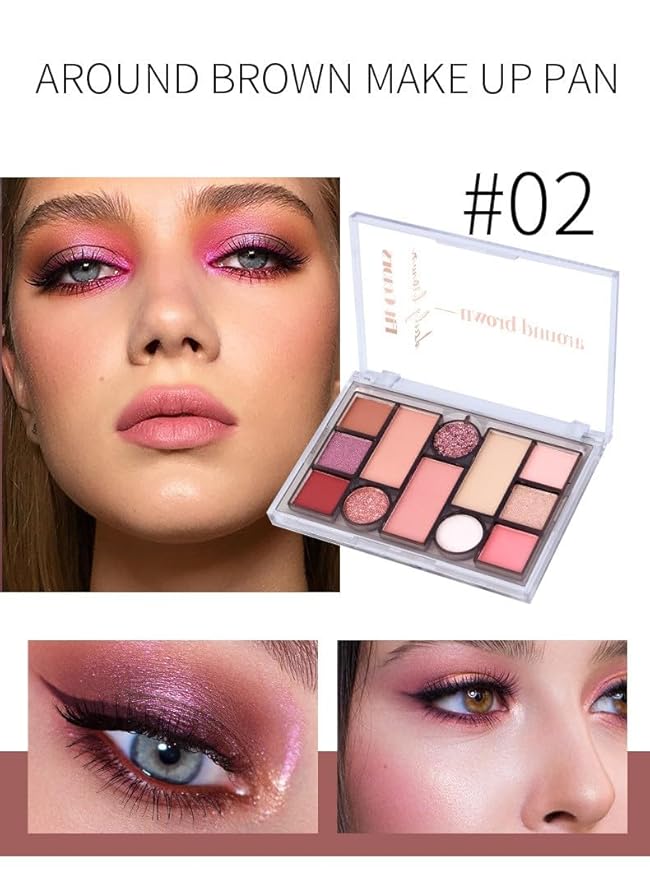 12 Colors Pink Eyeshadow Palette, Mini All in One Blush, Eyebrow & Eye Makeup Kit, Highly Pigmented Matte & Shimmer Shades, Big Artist Comprehensive Facial Makeup, Travel Friendly (02)-GlimoraGlow