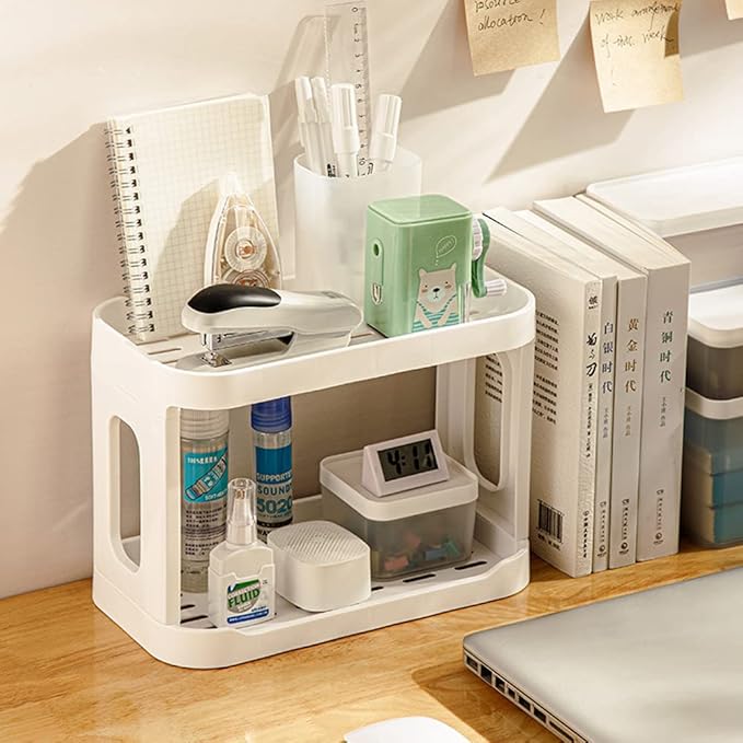 2-Tier Desk Organizers & Dispensers，Mail Holder for Office Desk Organization，Kitchen Spice Rack or Bathroom Countertop Organizer, Gift for Teachers, Classmates, and Friends,White-GlimoraGlow