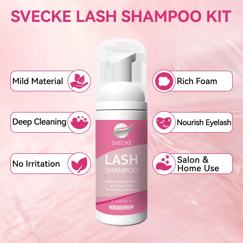 Lash Shampoo Kit, 2 fl.oz / 60ml Eyelash Cleanser, Lash Cleaning Kit with Brush, Eyelash Shampoo for Lash Extensions, Eyelash Remover for Salon and Home Use-GlimoraGlow