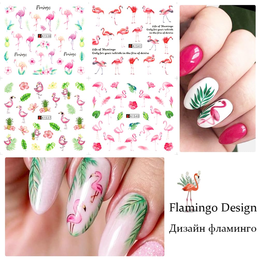 12 Sheet Flamingo Nail Art Stickers Cute Flamingo Green Leaf Design Water Transfer Nail Decals Summer Nail Art Decorations Waterproof Acrylic Nail Stickers for Women DIY Manicure Tips-GlimoraGlow