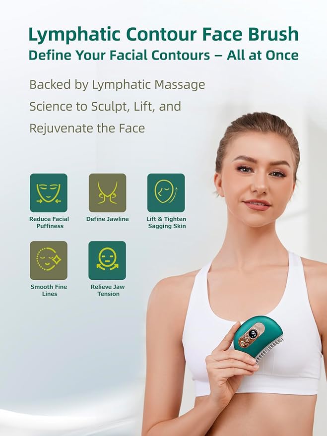 Lymphatic Contour Face Brush – Face Massager for Lymphatic Drainage, Double Chin Reducer, and Facial Sculpting – Gentle Vibrating Lymphatic Drainage Tool for Jawline & Puffiness - Green-GlimoraGlow