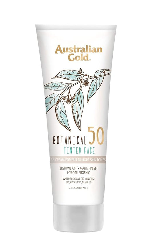 Australian Gold Botanical SPF 50 Tinted Face Sunscreen, Non-Chemical BB Cream, Water-Resistant, Matte Finish, Sensitive Skin, 3 FL Oz-GlimoraGlow