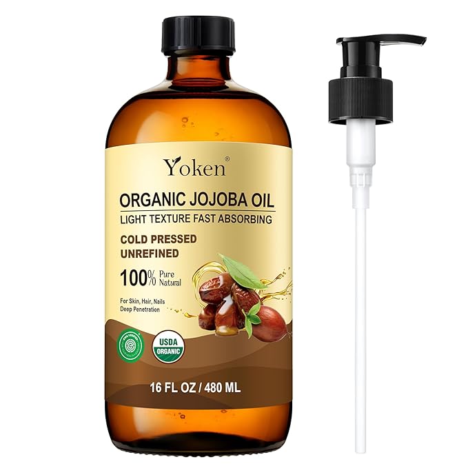 Yoken Organic Jojoba Oil Glass Bottle 16 fl oz, USDA Certified 100% Pure & Natural Jojoba Oil for Hair, Skin & Face, Cold Pressed Unrefined Hexane Free, Deeply Moisturizing Body Serum for Gua Sha-GlimoraGlow