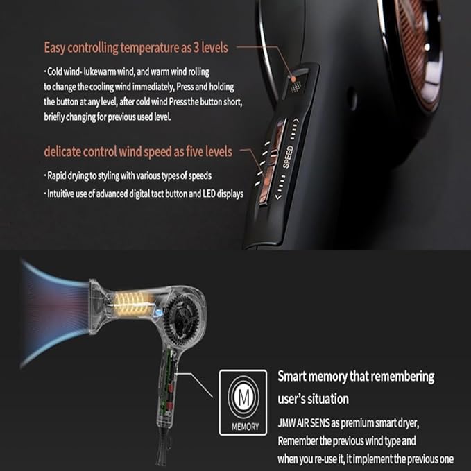 JMW Korean Professional Salon Hair Dryer AIR Sense I 15 Winds-3 Heat X 5 Speed Mix, 2 Nozzles & Dryer Stand, Upgrade BLDC Motor, 100% Cool Shot, Smart Memory, Fast Drying, Quiet and Long-Lasting-GlimoraGlow