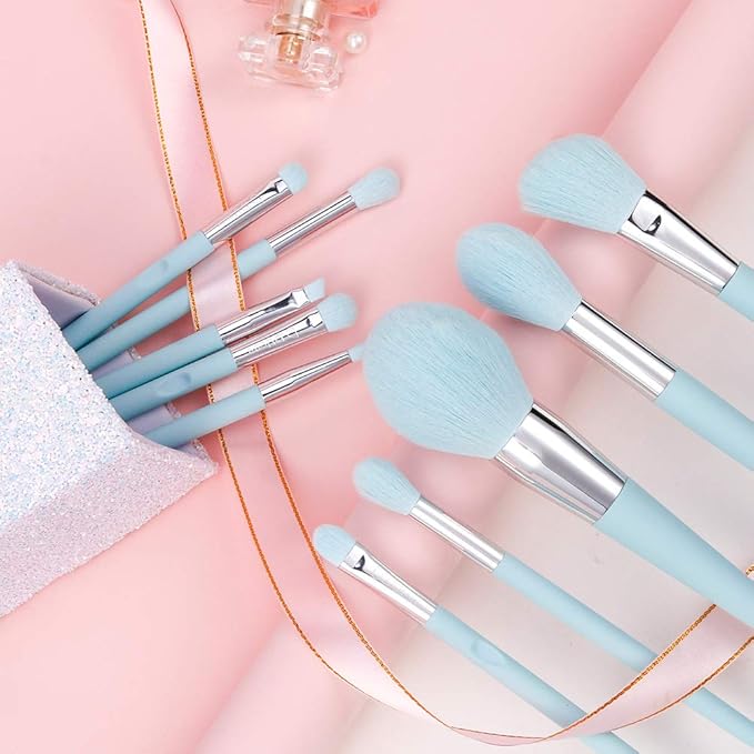 DUcare Makeup Brushes with Holder - 10Pcs Professional Synthetic Make Up Brushes Set for Blush Concealer Foundation Bronzer Powder Eyebrow Contour Eyeshadow Blending Makeup Brush Set, Ice Lake Blue-GlimoraGlow