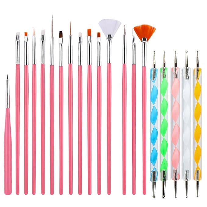 20pcs Nail Art Brushes Set, Nail Art Design Pen Painting Tools with Nail Extension Gel Brush, Nail Polish Brush, Builder Nail Gel Brush, Dotting needle,Adhesive drill pen (PinkFlower)-GlimoraGlow