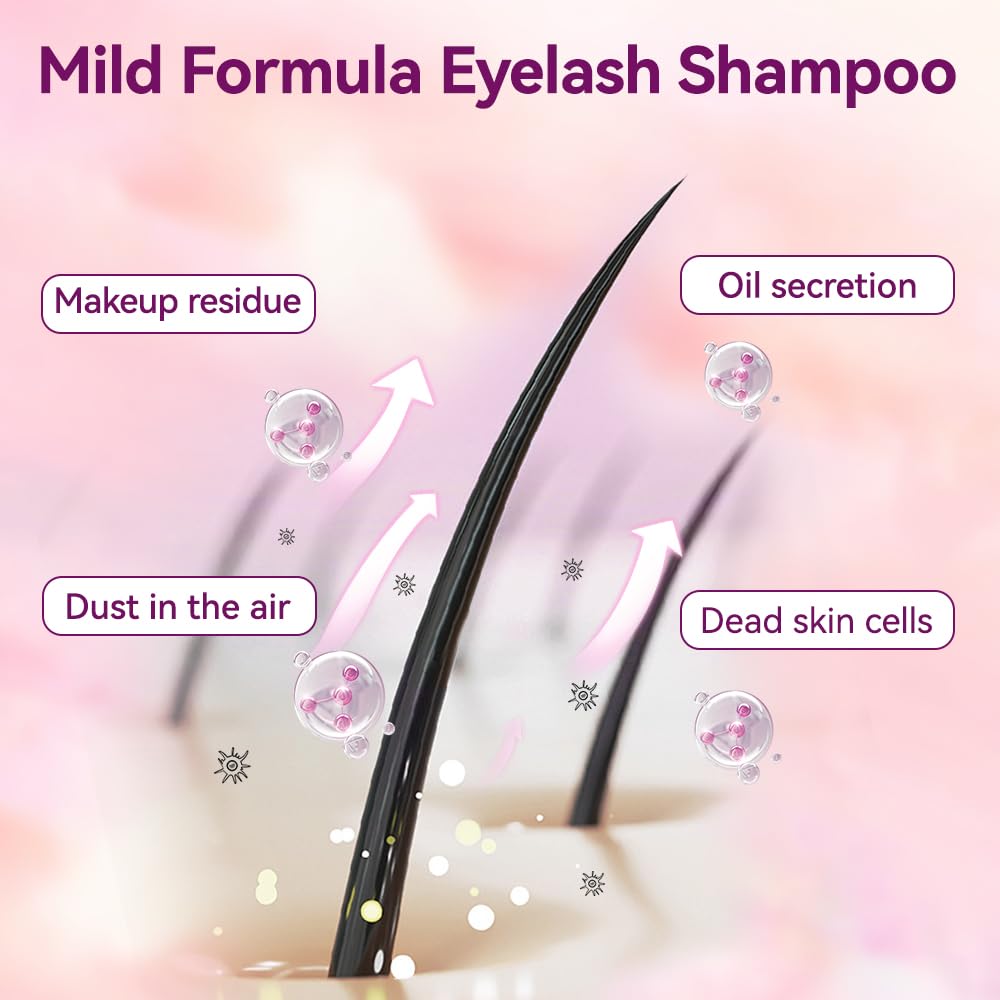 Lash Shampoo Kit, 2 fl.oz / 60ml Eyelash Cleanser, Eyelash Shampoo for Lash Extensions, Lash Cleaning Kit with Lash Fan Dryer, Eyelash Remover for Salon and Home Use-GlimoraGlow