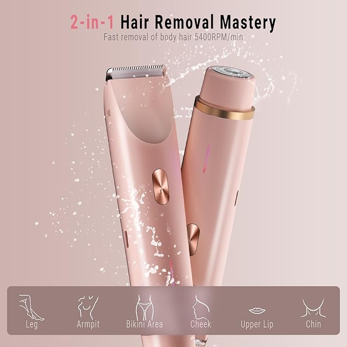 2-in-1 Bikini Trimmer for Women, Bikini Shaver with Dual Heads, Painless Body and Facial Hair Removal, Rechargeable Cordless Electric Razors for Face Chin Pubic Underarm Legs, IPX7 Waterproof, Pink-GlimoraGlow