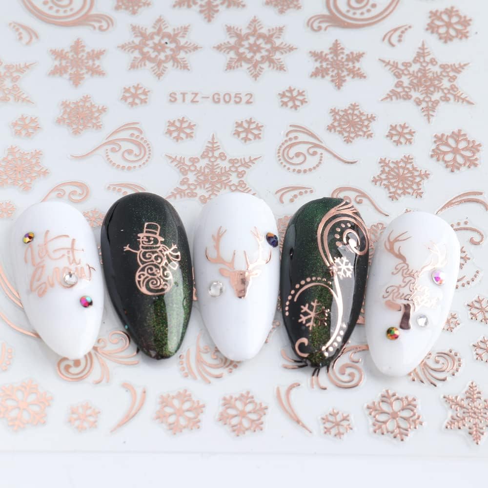 JMEOWIO 9 Sheets Christmas Nail Art Stickers Decals Self-Adhesive Pegatinas Uñas Navidad Rose Gold Winter Holiday Xmas Snowflake Nail Supplies Nail Art Design Decoration Accessories-GlimoraGlow