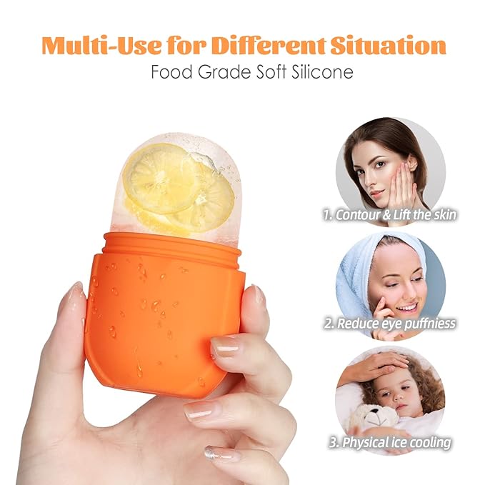 Ice Roller for Face and Eye, Upgrated Ice Face Roller Puffiness Relief Ice Roller Skin Care Tools, Ice Facial Cube, Gua Sha Face Massage, Silicone Ice Mold for Face Beauty ( Orange)-GlimoraGlow