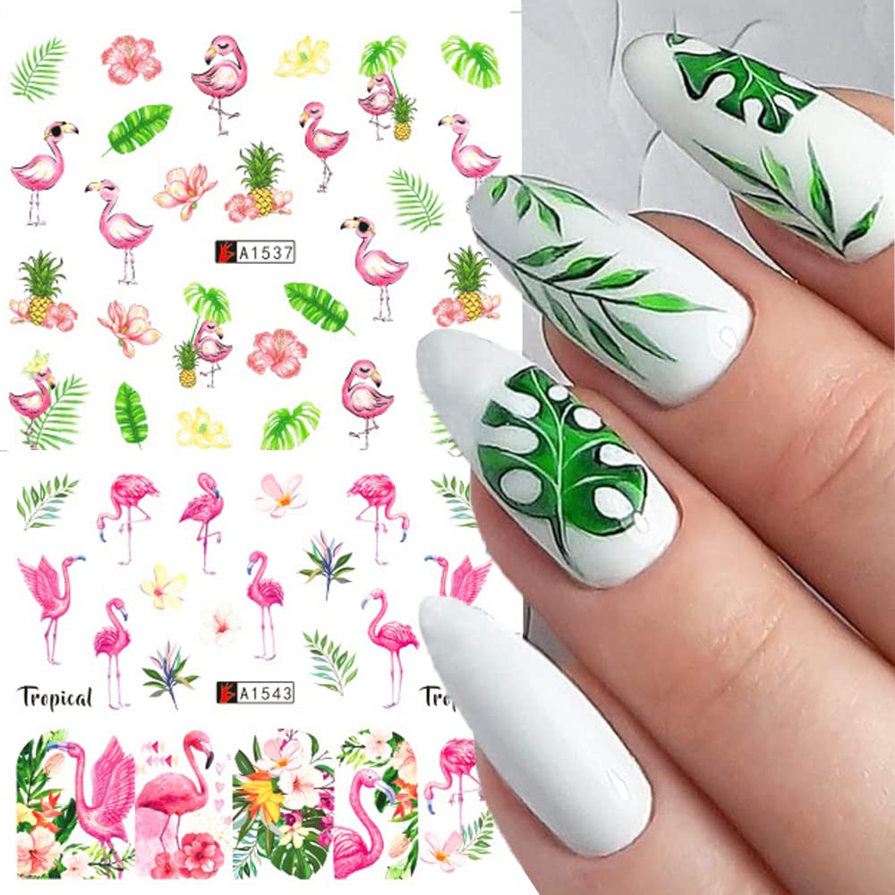 12 Sheet Flamingo Nail Art Stickers Cute Flamingo Green Leaf Design Water Transfer Nail Decals Summer Nail Art Decorations Waterproof Acrylic Nail Stickers for Women DIY Manicure Tips-GlimoraGlow