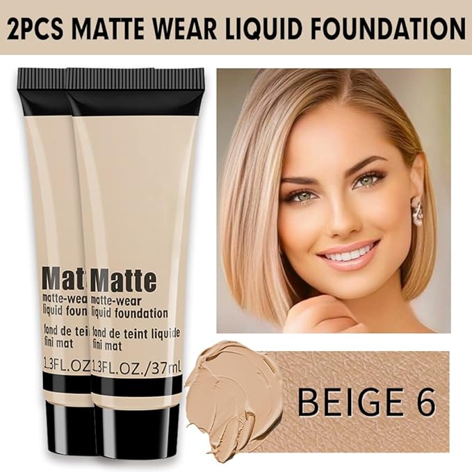 2 Pack Liquid Foundation Cream for Face Makeup,Durable Full Coverage Matte Concealer Make Up,Oil Control & Waterproof Base Primer -1+1 Fl.Oz-BEIGE 6#-GlimoraGlow