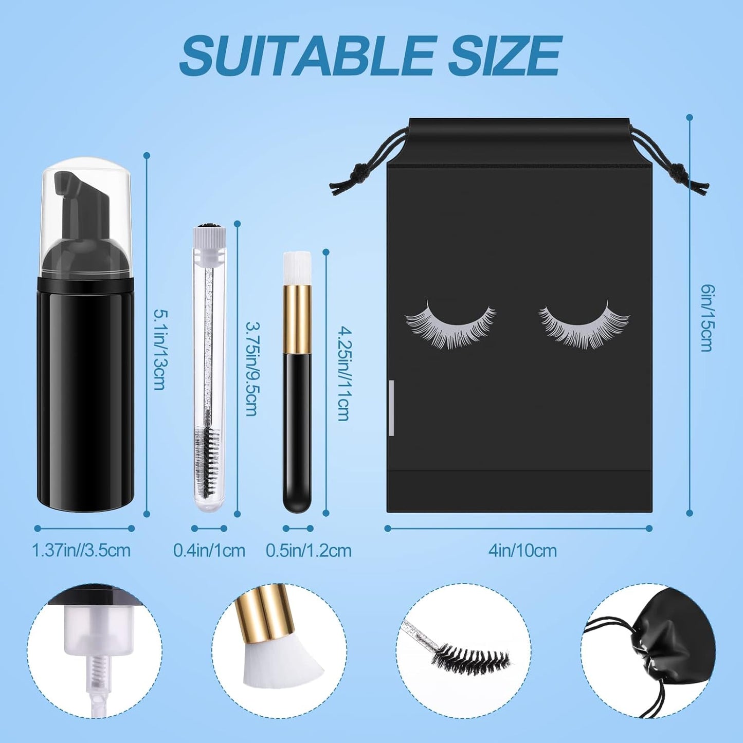 Homicozy 40 Pcs Lash Shampoo Bottle Brushes & Dispensers Set - 10 Pcs Lash Brushes, Tubes & Aftercare Bag for Clients, Women, Girls (Black)-GlimoraGlow