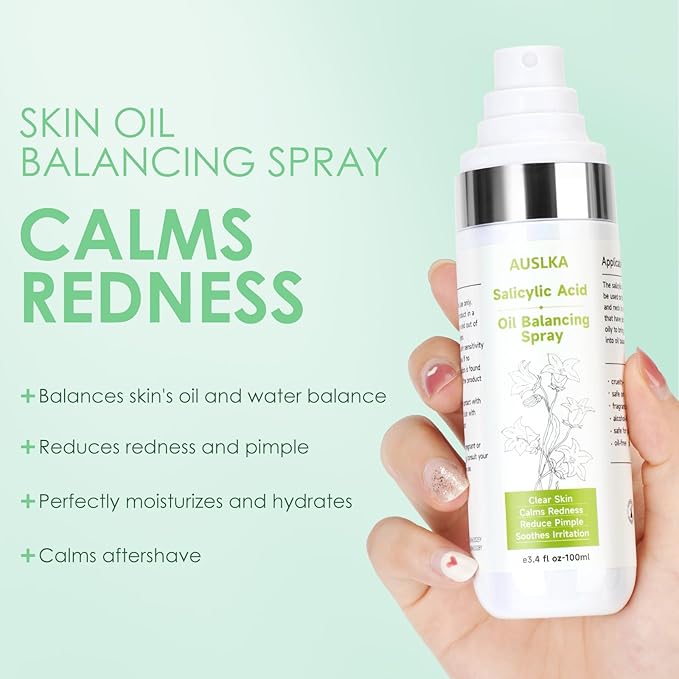 AUSLKA Salicylic Acid Oil Balancing Spray with 2% Salicylic Acid Regulates Skin Balance for Pimple and Oily Skin, Fruit Acid Spray for Face & Body (3.4 Fl Oz)-GlimoraGlow