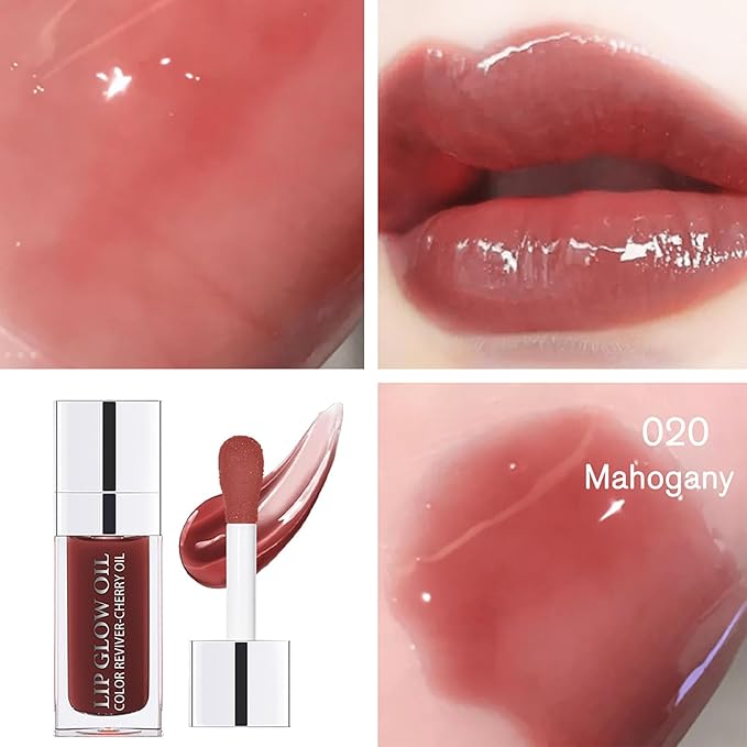 Hydrating Lip Glow Oil-Lip care oil- Lip Oil Tinted for Lip Care and Dry Lips-Prevents Dry Cracked-Non-sticky Big Brush Head-Lip Plumping -Lip Oil gloss tinted-020#MAHOGANY-GlimoraGlow