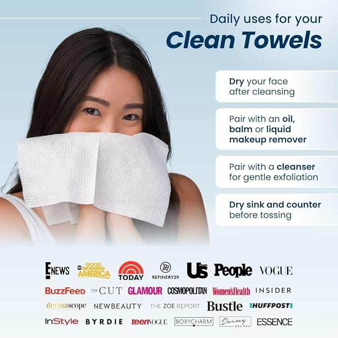 Clean Skin Club Clean Towels XL™, USDA Certified 100‪%‬ Biobased Dermatologist Approved Face Towel, Disposable Makeup Remover Dry Wipes, Facial Wash (4 pack)-GlimoraGlow