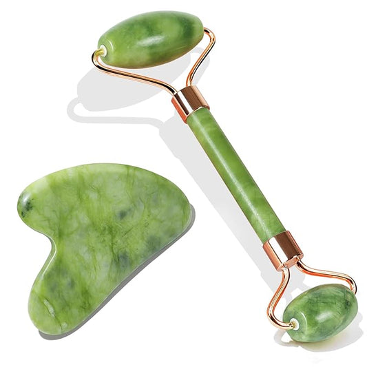 BAIMEI Jade Roller & Gua Sha, Face Roller, Facial Beauty Roller Skin Care Tools, Self Care Gift for Men Women, Massager for Face, Eyes, Neck, Relieve Fine Lines and Wrinkles - Green-GlimoraGlow