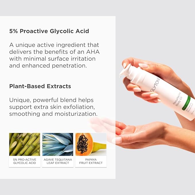 Glytone Resurfacing Body Oil– Nourishing & moisturizing anti aging Body Oil for dry Skin & Keratosis Pilaris –5% Proactive Glycolic Acid After Shower oil for Body–Unscented, Non Toxic 4 Fl oz-GlimoraGlow