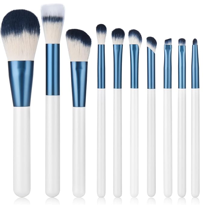 Makeup Brushes Set With Case 10Pcs White Makeup Brush Kit Foundation Eyeshadow Powder Blending Kabuki Eyebrow Eyelash Brushes Cosmetic Brush Travel Kit Gift (White+Blue)-GlimoraGlow