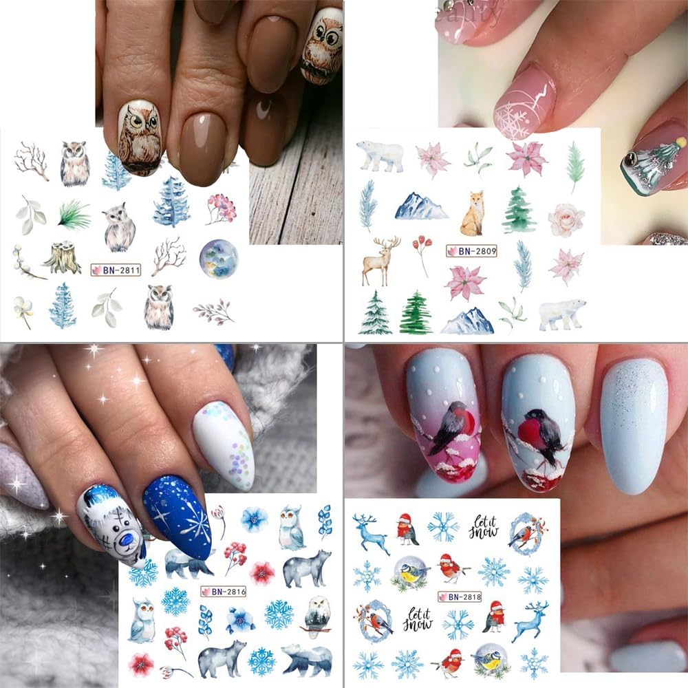 12 Sheets Snowflake Nail Art Stickers Water Transfer Nail Decals Christmas Nail Art Decorations Blue Snowflake Elk Santa Tree Bear Cute Winter Pattern Watermark Nail Stickers for Women DIY Nail Supply-GlimoraGlow