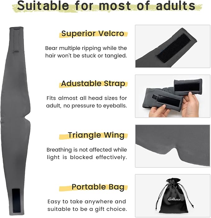 100% Handmade Bamboo Sleeping Eye Mask for Women for Men,Night Masks,Organic Sleep Mask,Blockout Eye Mask for Sleeping,Large Size Adjustable (1 PC, Dark Grey)-GlimoraGlow