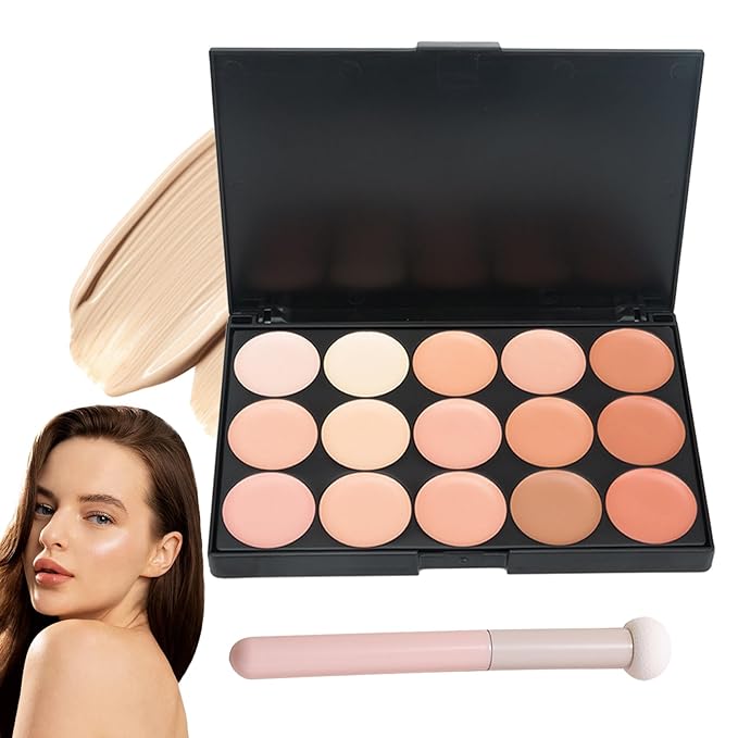 15 Colors Cream Contour Palette,Lightweight Concealer Full Coverage Contouring Liquid Foundation Palette,Multi-use Blendable Color Corrector Concealer Palette with Makeup Sponge-GlimoraGlow