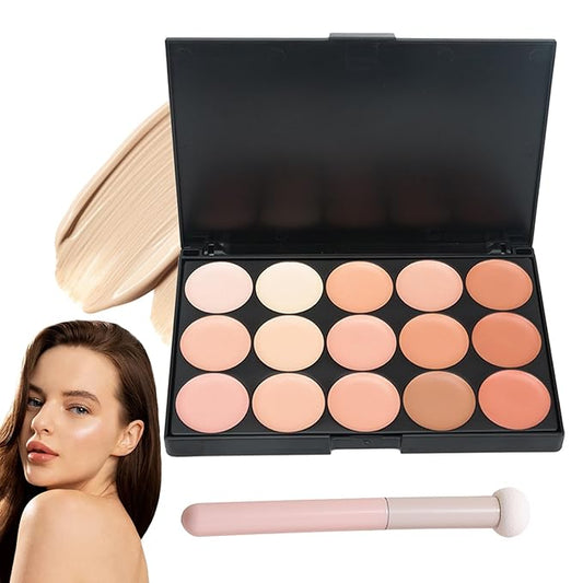 15 Colors Cream Contour Palette,Lightweight Concealer Full Coverage Contouring Liquid Foundation Palette,Multi-use Blendable Color Corrector Concealer Palette with Makeup Sponge-GlimoraGlow