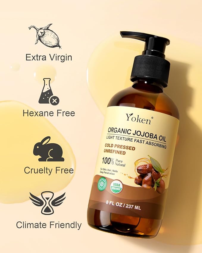 Yoken Organic Jojoba Oil Glass Bottle 8 fl oz, USDA Certified 100% Pure & Natural Jojoba Oil for Hair, Skin & Face, Cold Pressed Unrefined Hexane Free, Deeply Moisturizing Body Serum Oils for Gua Sha-GlimoraGlow