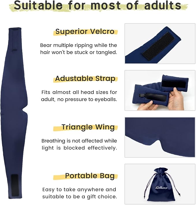 100% Handmade Bamboo Sleeping Eye Mask for Women for Men,Night Masks,Organic Sleep Mask,Blockout Eye Mask for Sleeping,Large Size Adjustable (Navy Blue)-GlimoraGlow